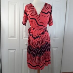 Motherhood Maternity Dress Geometric Print Pink Black Wrap Belted  Medium